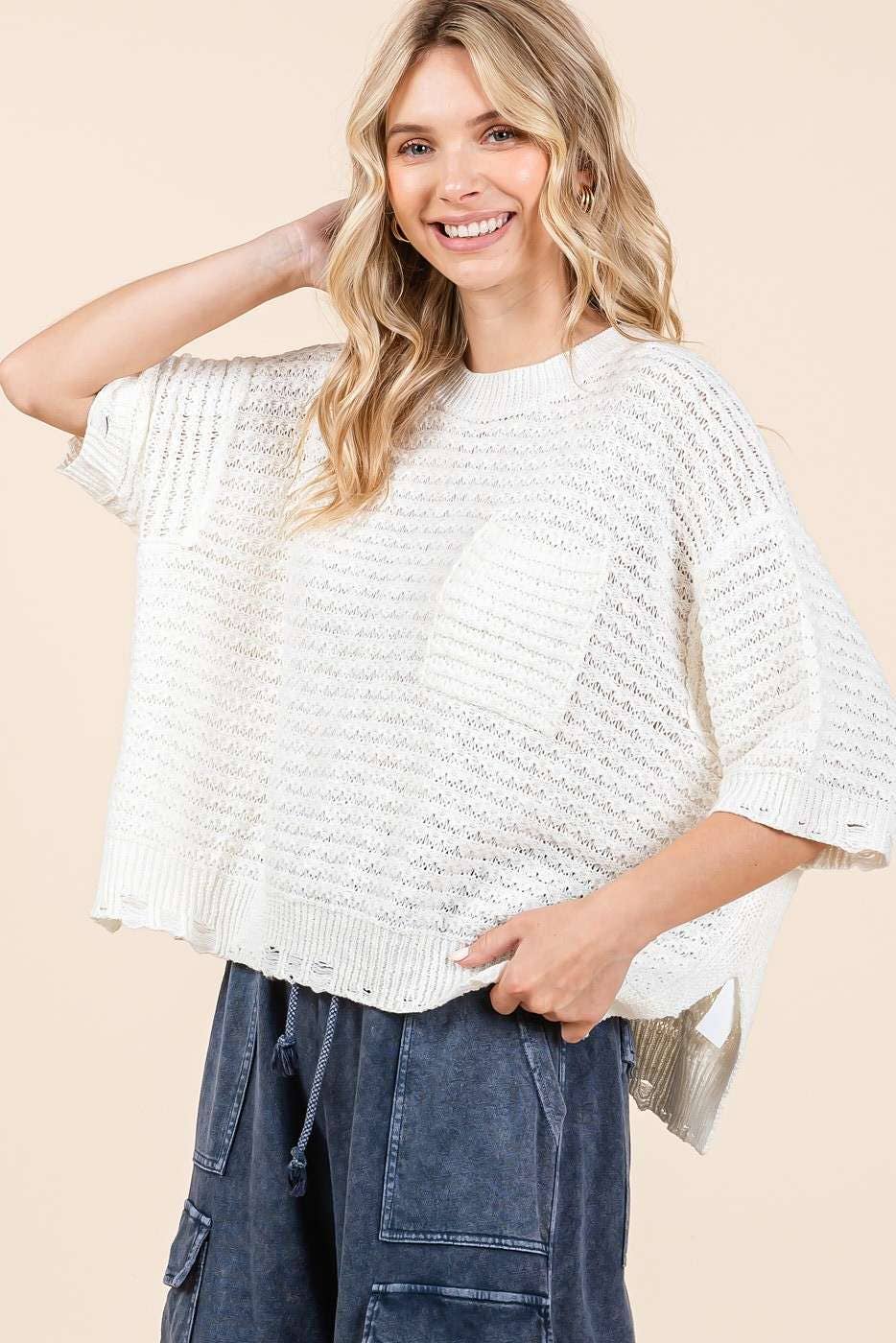 Distressed Hem Short Sleeve Loose Sweater Knit Top | Coral + Ivory