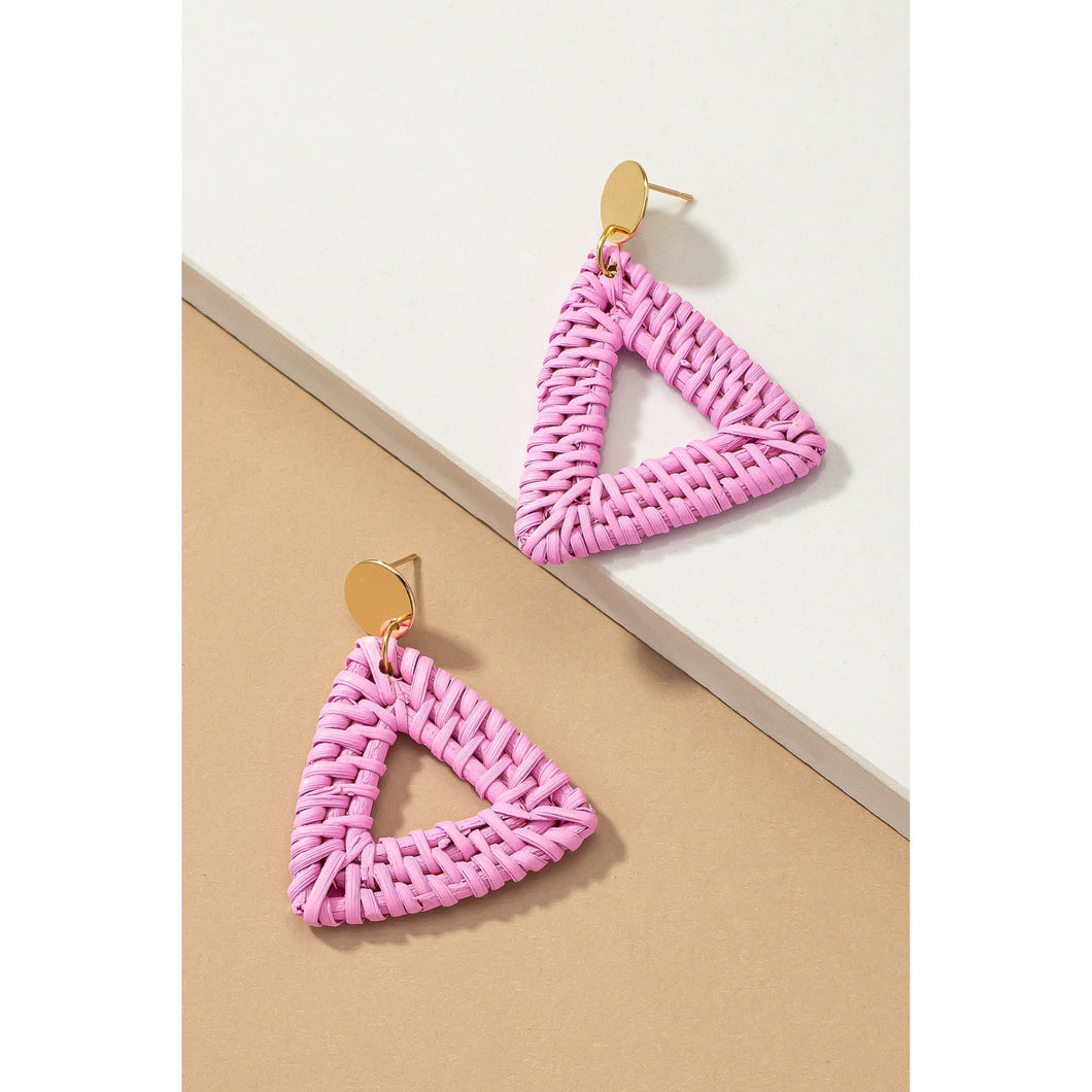 Woven Rattan Triangle Earrings | Pink