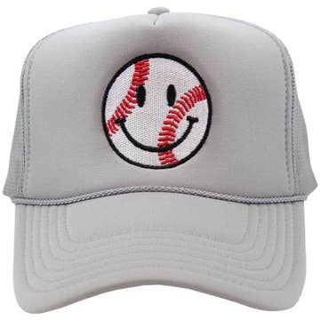 Baseball Happy Face Trucker Hat | Light Gray