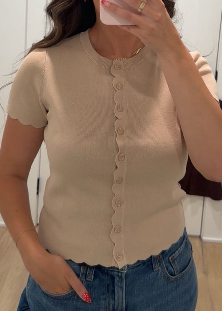 Khaki Scalloped Button Down Cardigan
