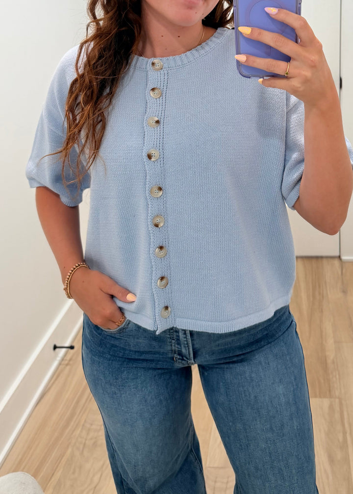 Button-Up Sweater Knit Top | Light Blue