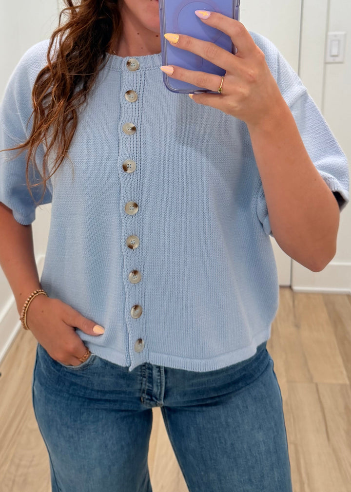 Button-Up Sweater Knit Top | Light Blue