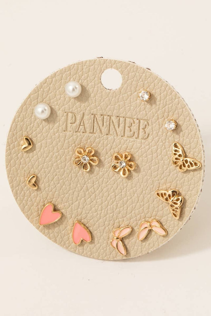 Assorted Heart Butterfly And Pearl Stud Earrings Set