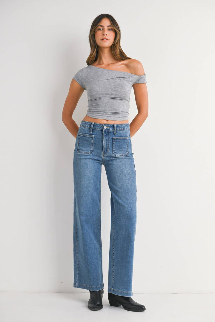Mini Patch Pocket Wide Leg Jeans