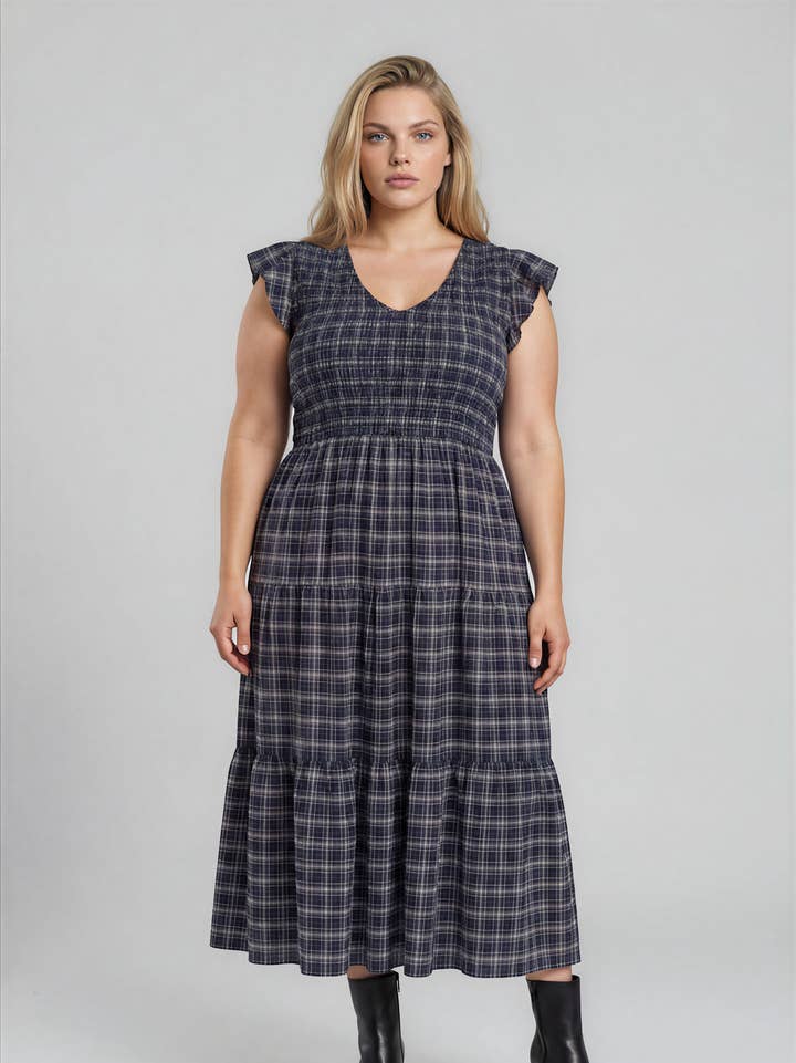 Navy Harvest Smocked Midi Dress