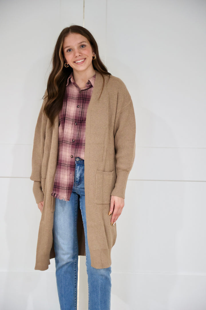 Ribbed Open Knit Cardigan | Taupe