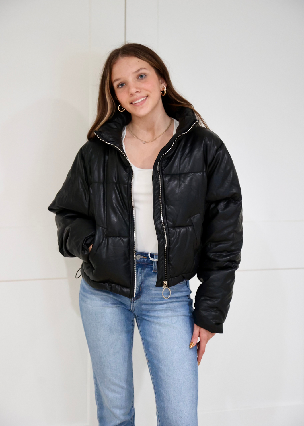 Faux Leather Puffer Jacket - Black