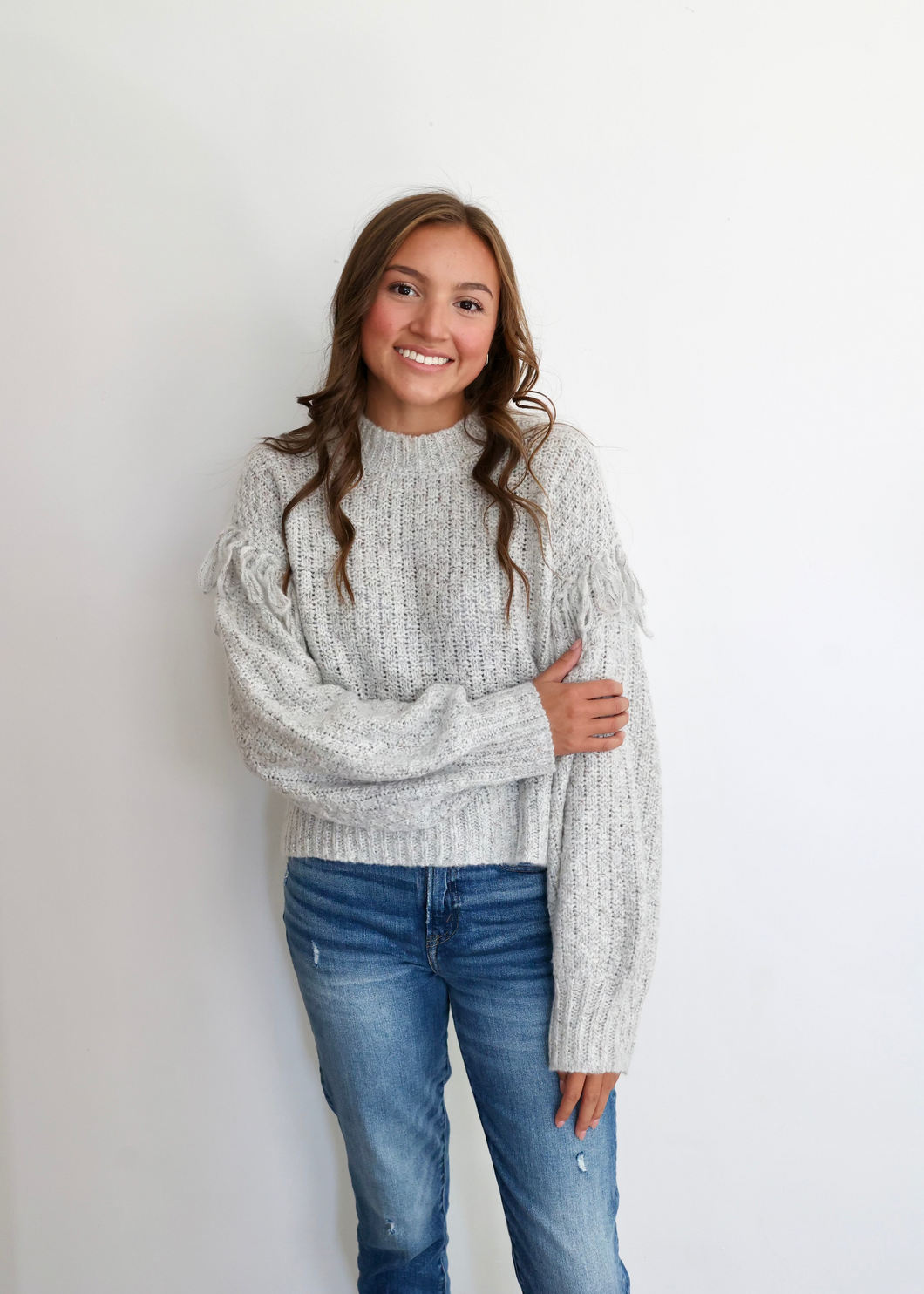 Girl Talk Fringe Sweater | Heather Gray | One Left