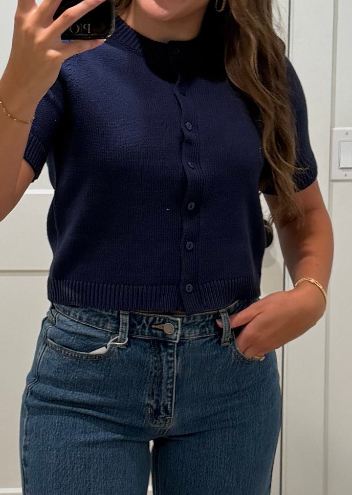 Navy Button-Front Knit Top