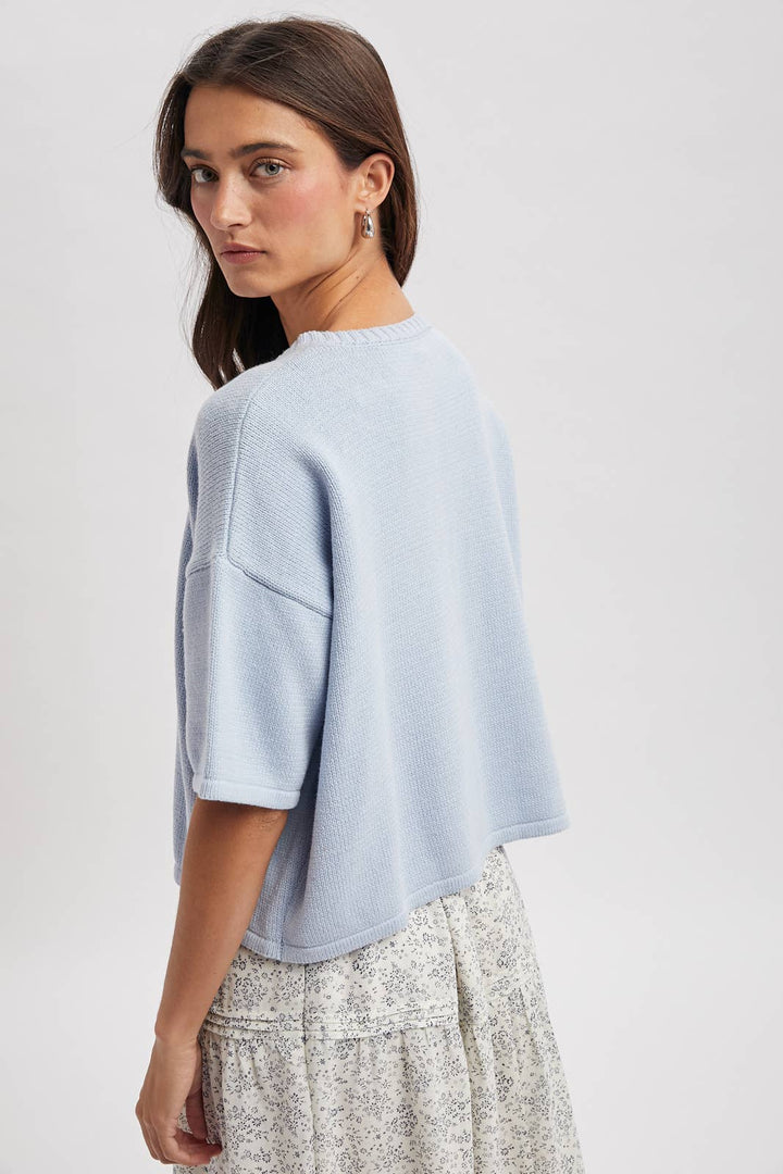 Button-Up Sweater Knit Top | Light Blue