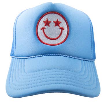 Star Eyed Smiley Face Trucker Hat | Blue | Restock