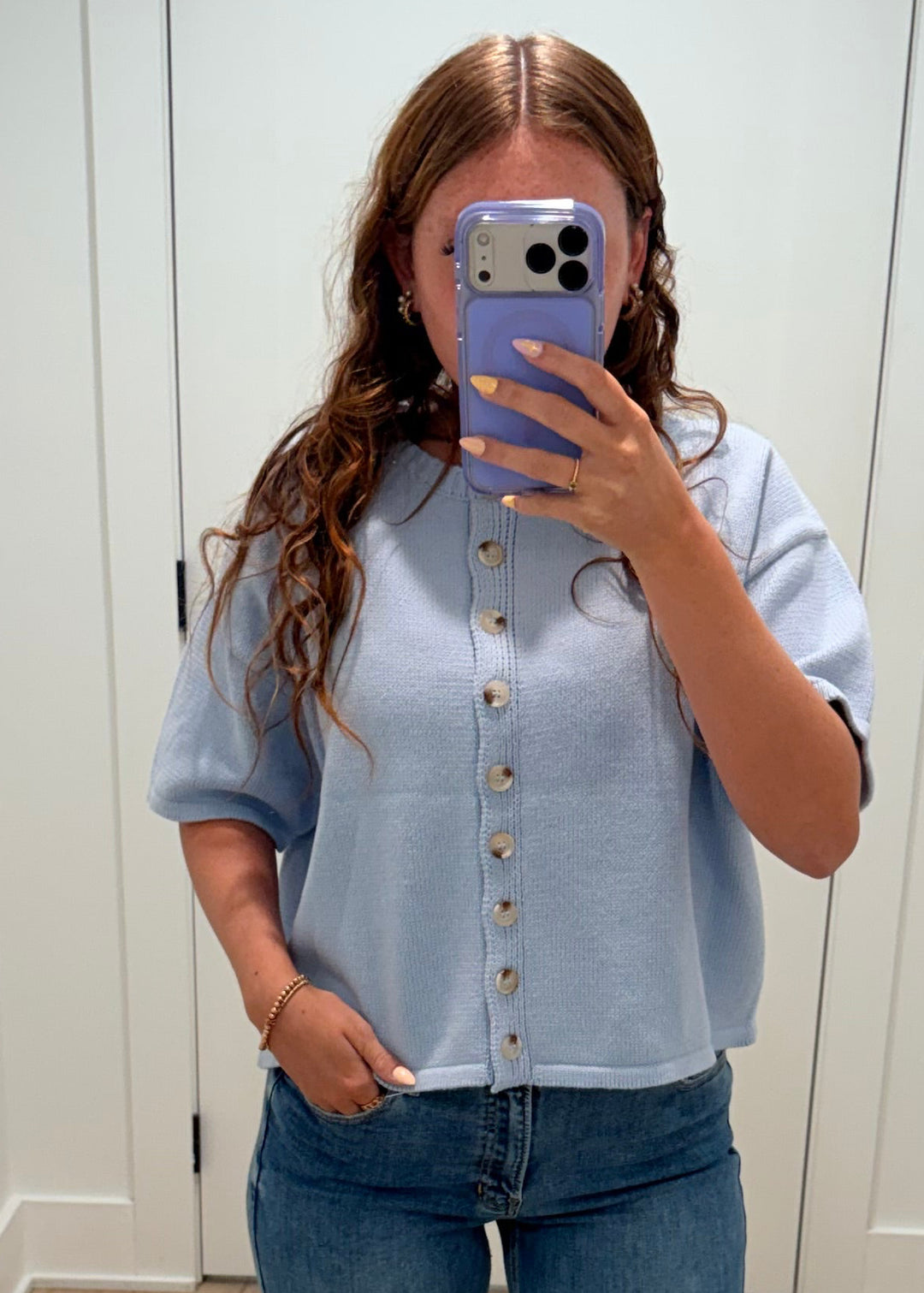 Button-Up Sweater Knit Top | Light Blue