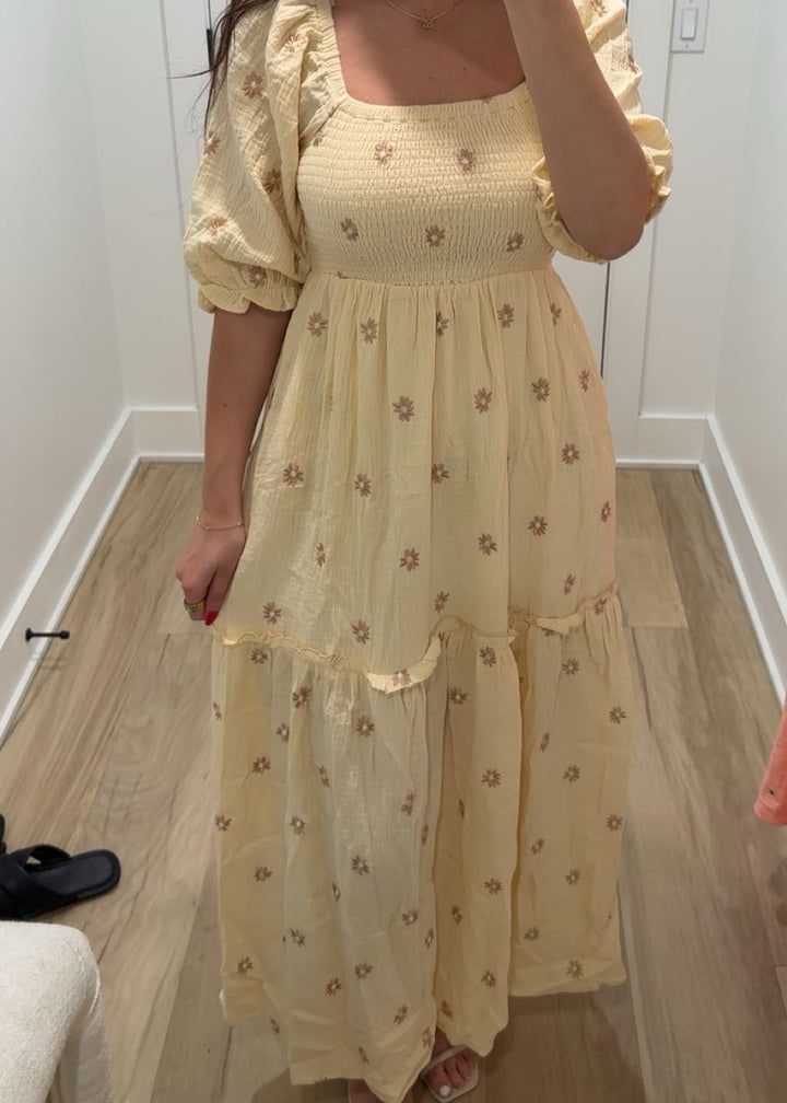 Floral Embroidered Tiered Maxi Dress | Cream + Pink