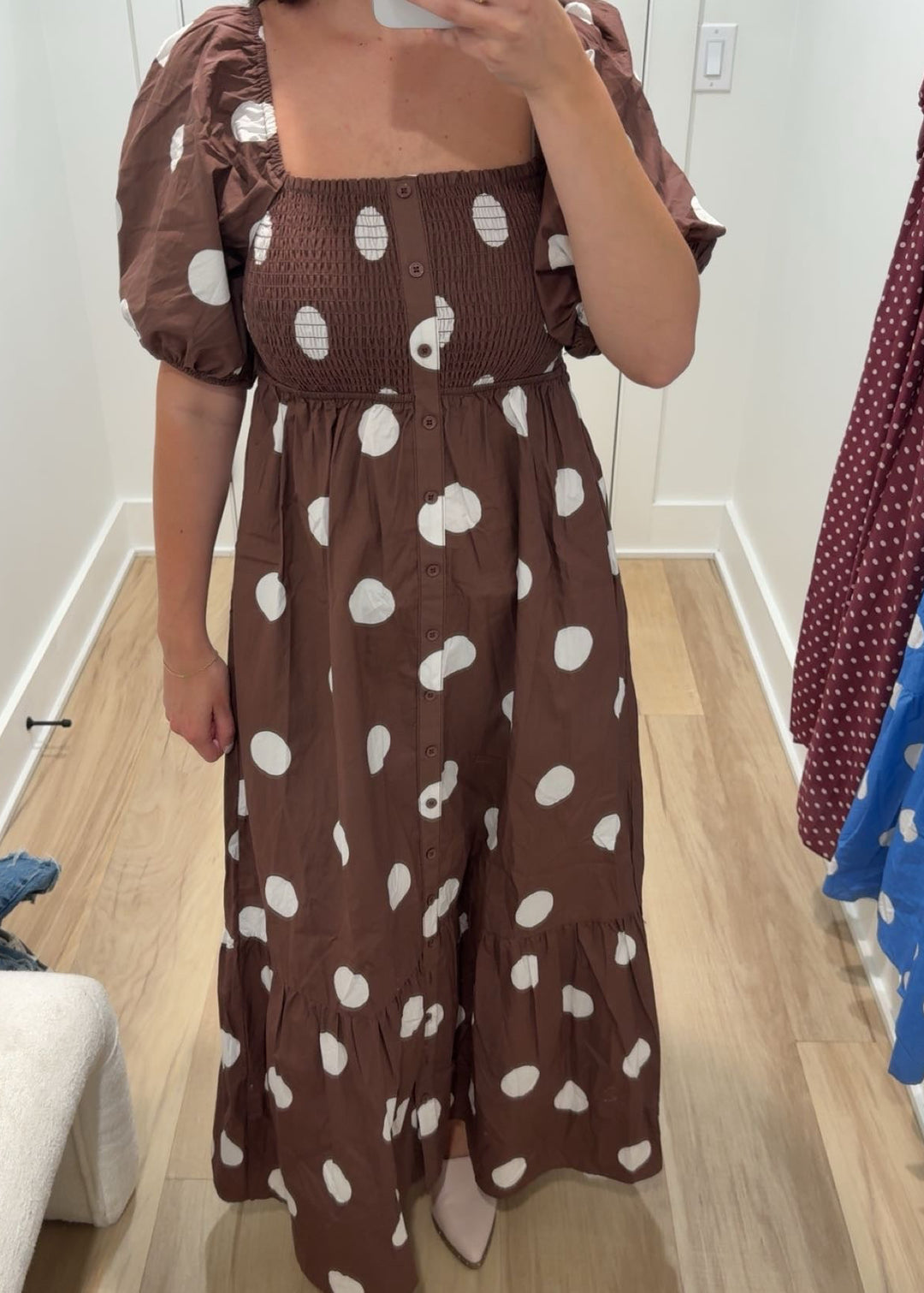 Dotty Darling Smocked Midi Dress | Blue + Brown