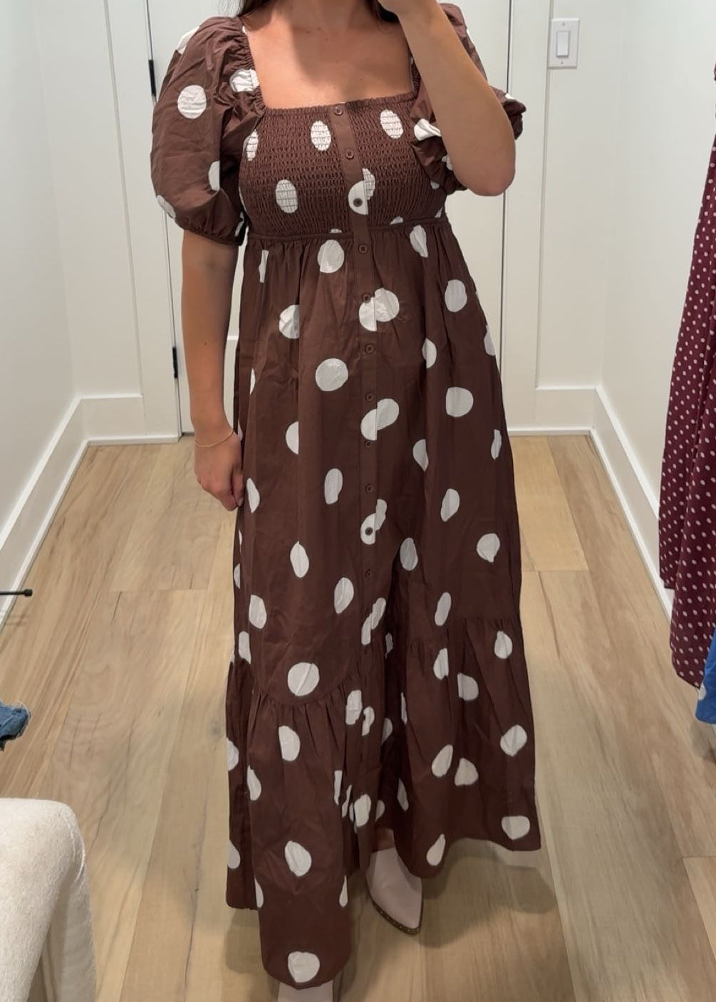 Dotty Darling Smocked Midi Dress | Blue + Brown