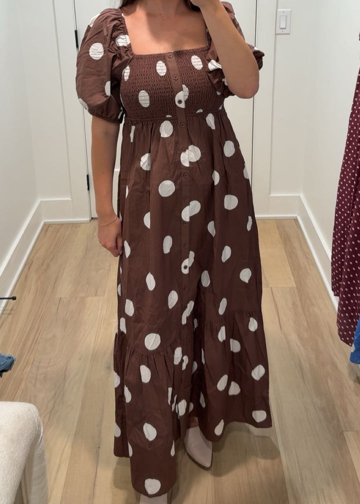 Dotty Darling Smocked Midi Dress | Blue + Brown