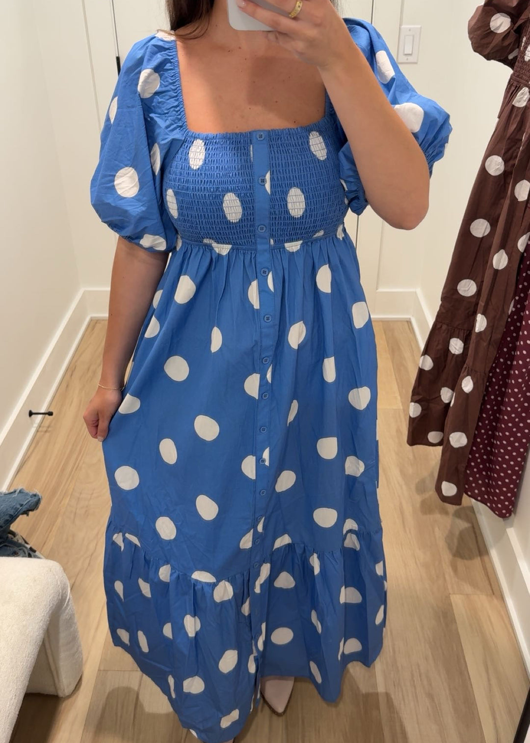 Dotty Darling Smocked Midi Dress | Blue + Brown