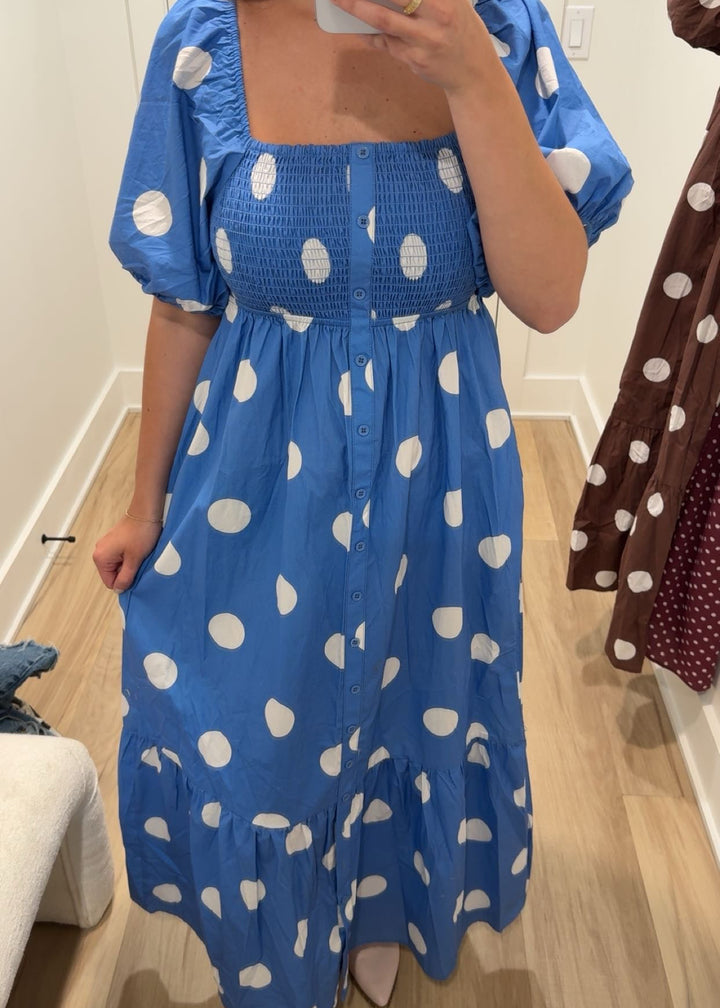 Dotty Darling Smocked Midi Dress | Blue + Brown