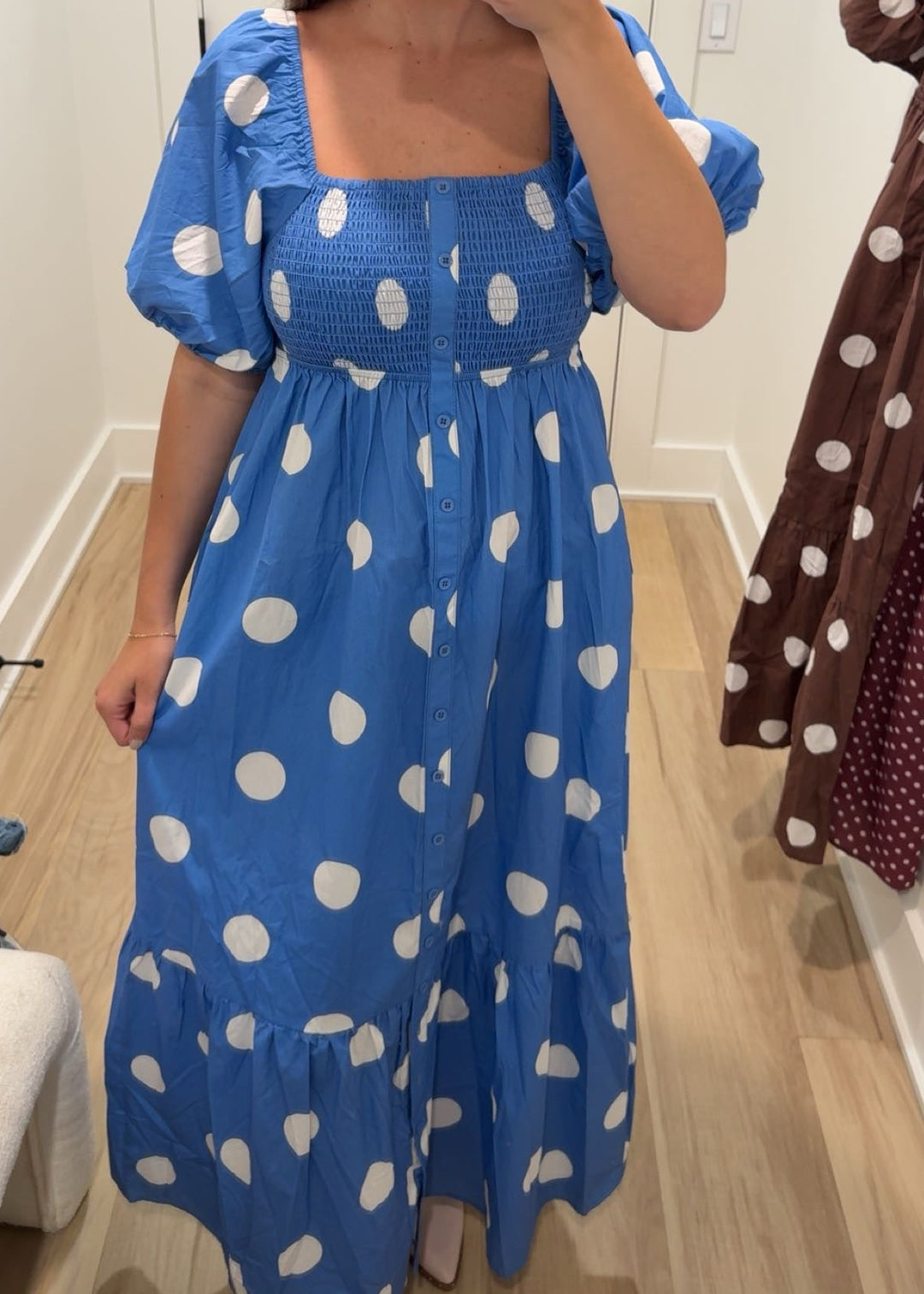 Dotty Darling Smocked Midi Dress | Blue + Brown