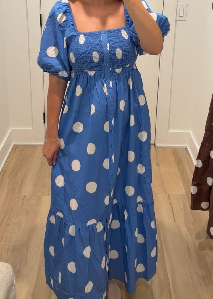 Dotty Darling Smocked Midi Dress | Blue + Brown