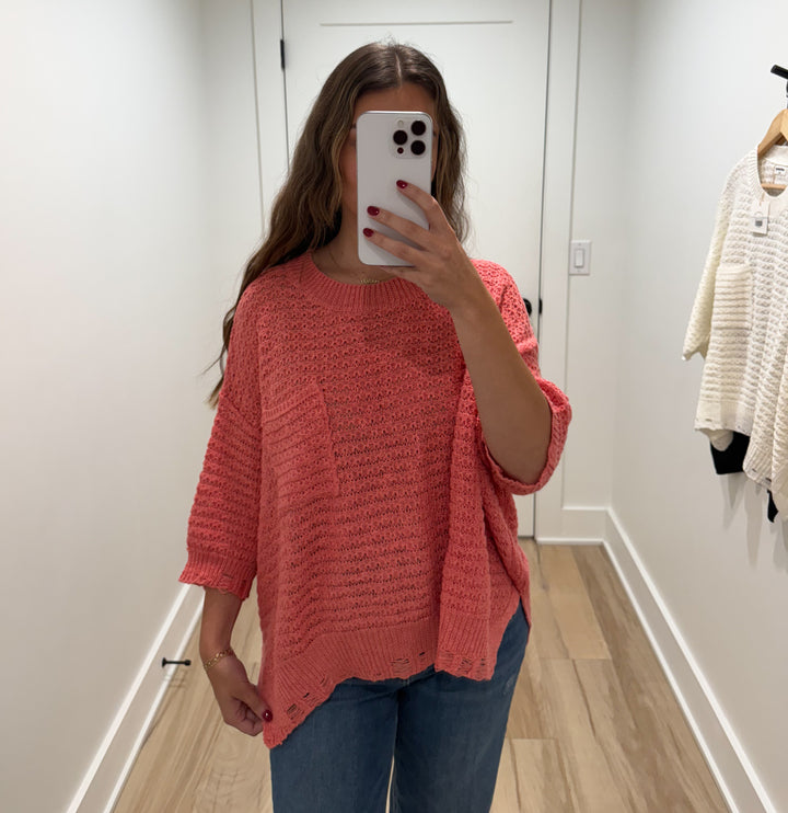 Distressed Hem Short Sleeve Loose Sweater Knit Top | Coral + Ivory