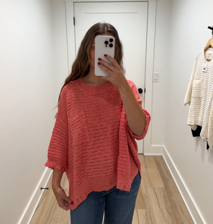 Distressed Hem Short Sleeve Loose Sweater Knit Top | Coral + Ivory