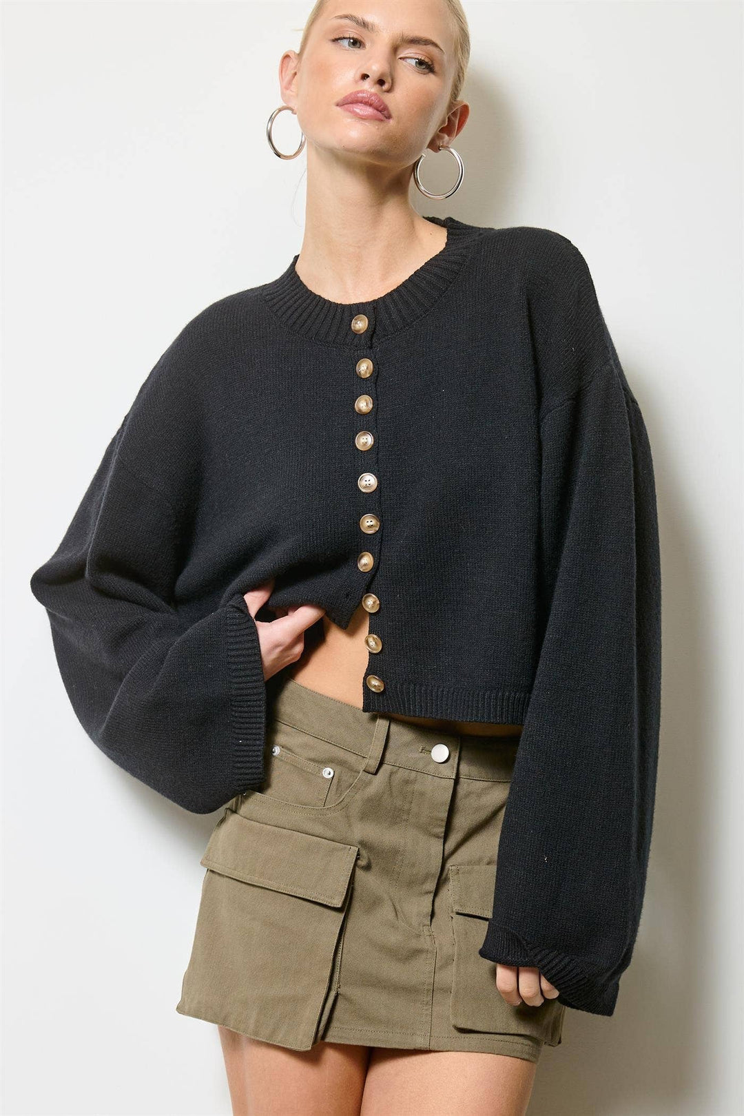 Button Front Cropped Knit Cardigan | Black + Olive + Burgundy