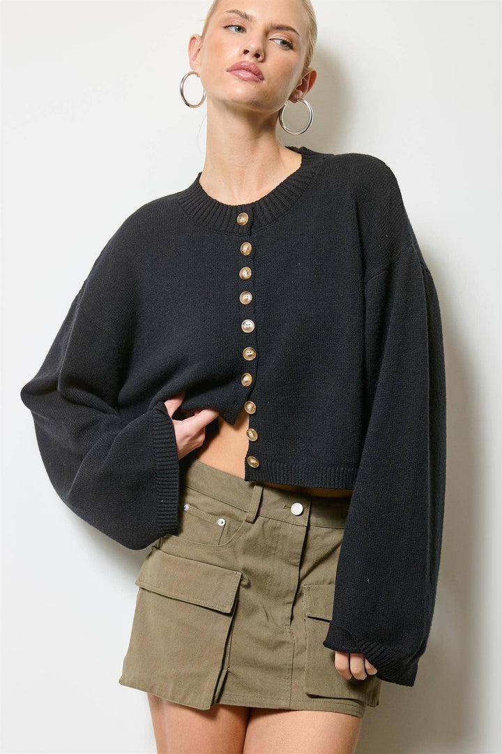 Button Front Cropped Knit Cardigan | Black + Olive + Burgundy