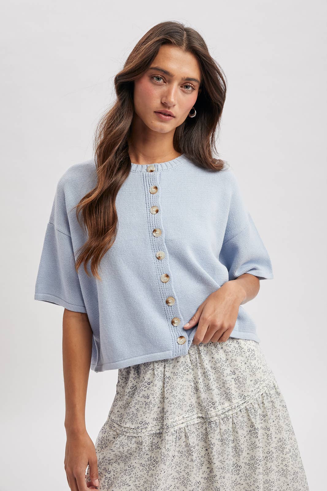 Button-Up Sweater Knit Top | Light Blue