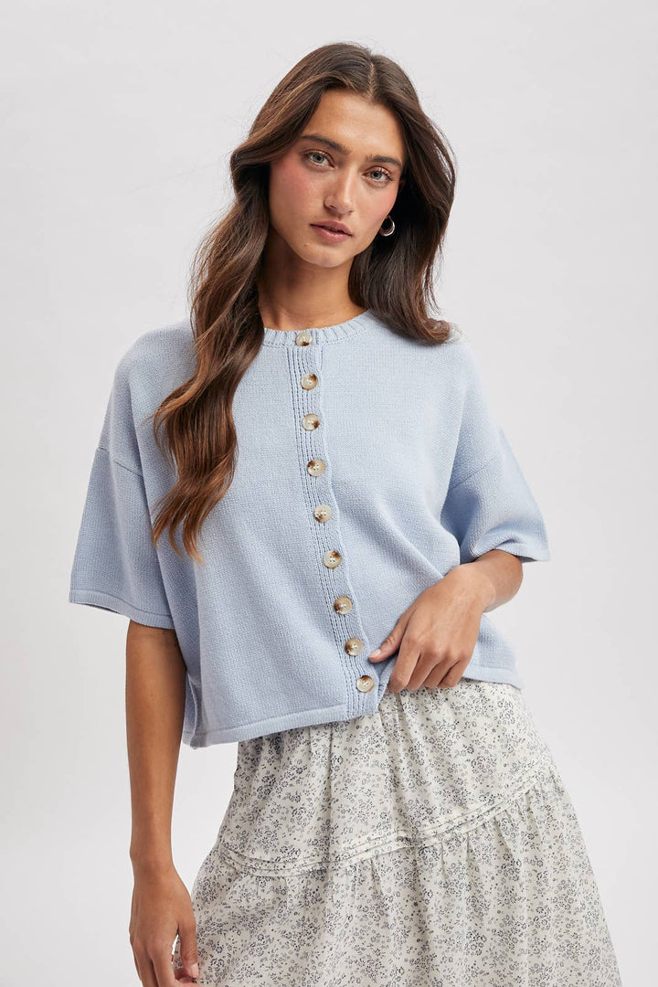 Button-Up Sweater Knit Top | Light Blue