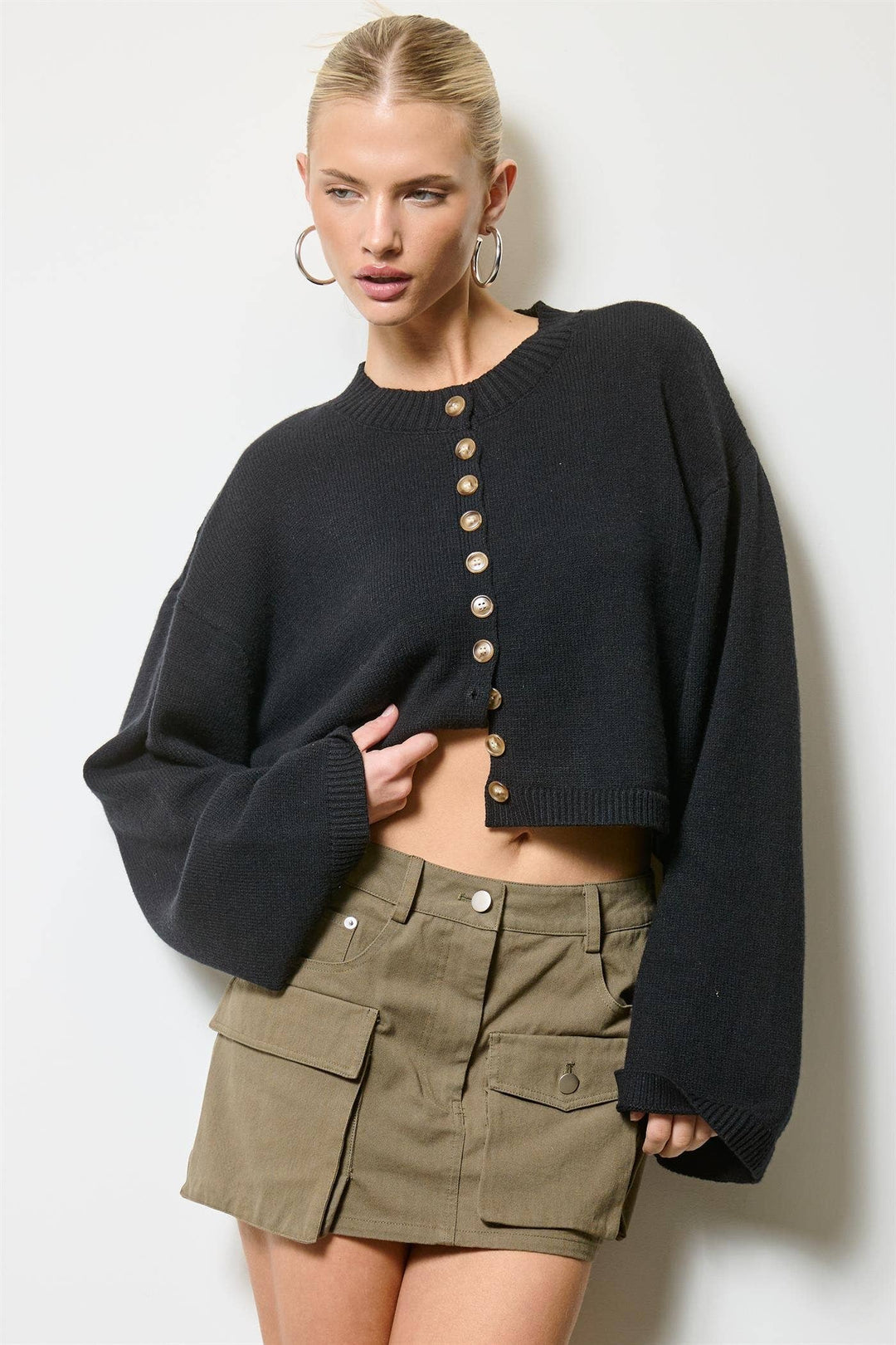 Button Front Cropped Knit Cardigan | Black + Olive + Burgundy