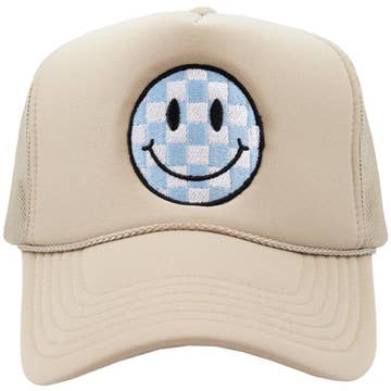 Light Blue Checkered Smiley Trucker Hat | Khaki | Restock