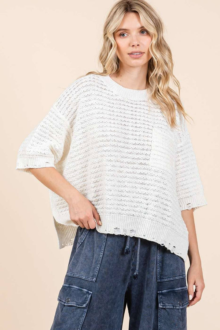 Distressed Hem Short Sleeve Loose Sweater Knit Top | Coral + Ivory