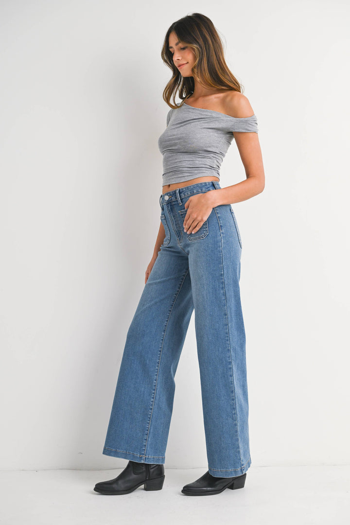 Mini Patch Pocket Wide Leg Jeans