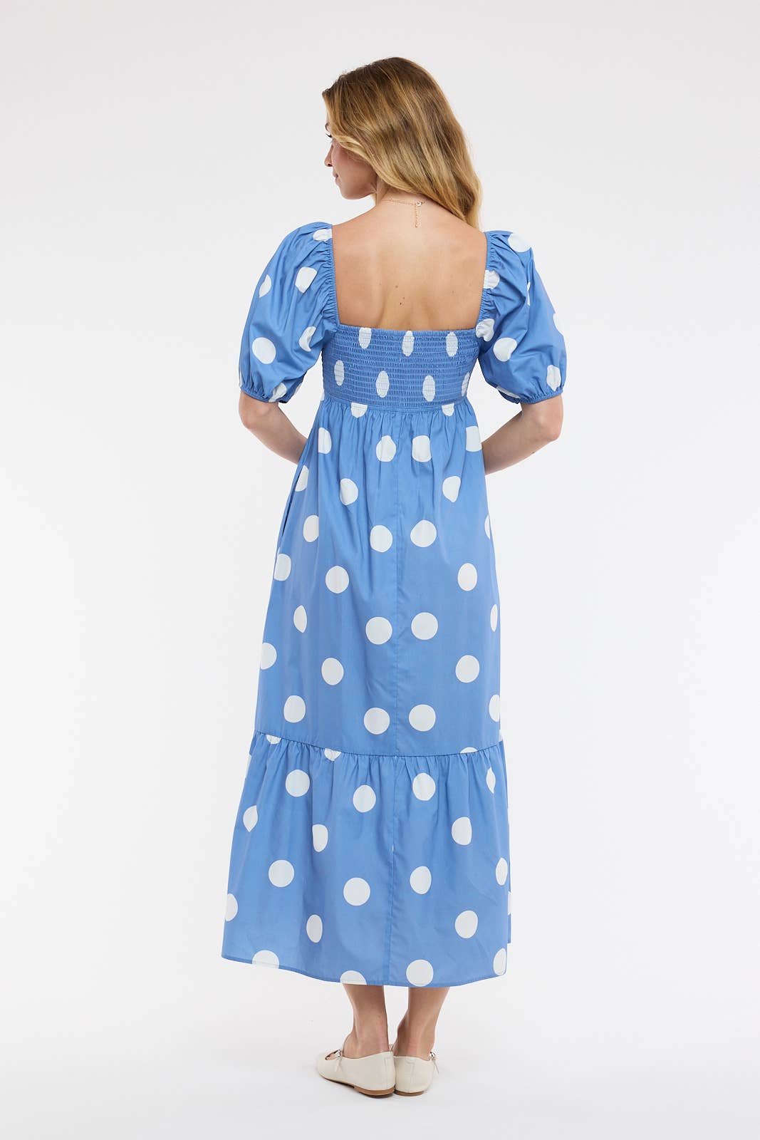Dotty Darling Smocked Midi Dress | Blue + Brown