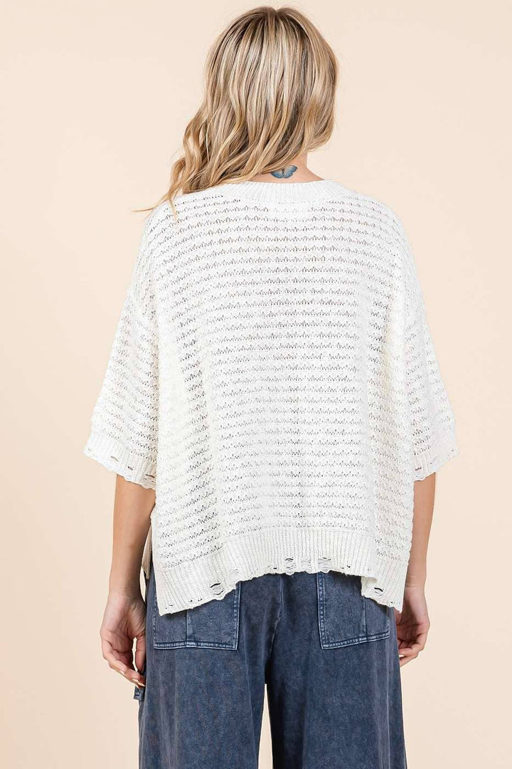 Distressed Hem Short Sleeve Loose Sweater Knit Top | Coral + Ivory