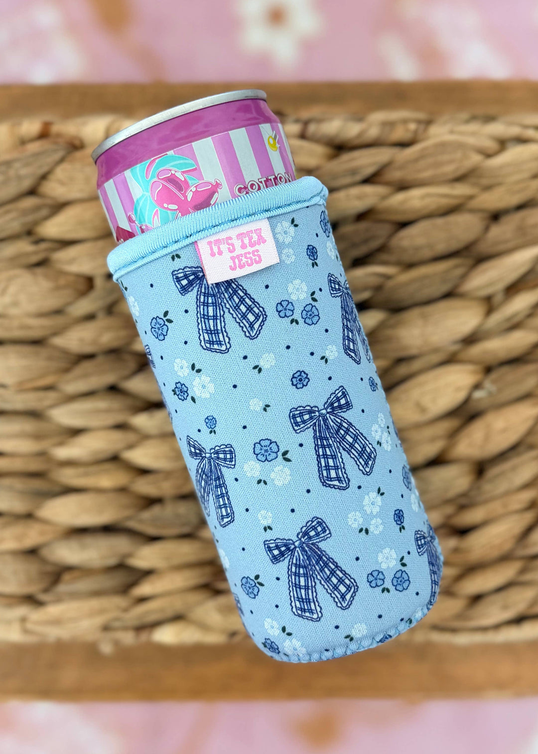 Slim Can Sleeve-Blue Gingham Bow
